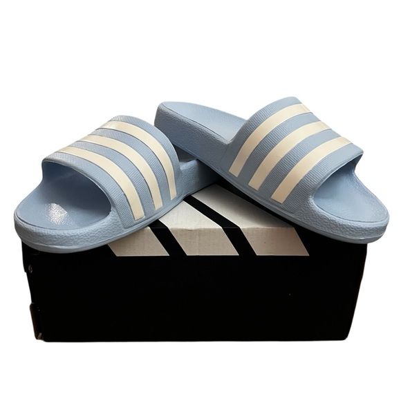 Adidas Adilette Aqua Slide Sandal Womens Size 6 White/Blue Stripe Quickdry Beach - Picture 1 of 6